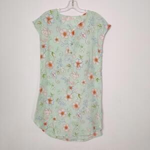 Mint Green Floral Notch-Neck Shift Tunic Dress Medium Vintage Nightgown